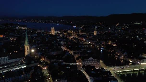 Noite Filmagem Panorama Paisagem Urbana Iluminada Zurique Suíça — Vídeo de Stock