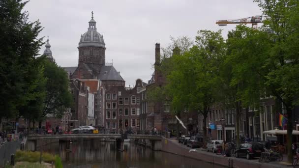 Канал Річки Амстердам Центрі Повітряної Панорами Повільний Рух Холланд — стокове відео