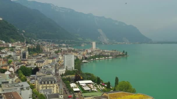Sunny Day Montreux Jezioro Strona Panorama Materiał Szwajcaria — Wideo stockowe