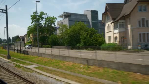Basel City Sunny Day Train Road Trip Side Window View — стоковое видео