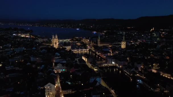 Night Time Footage Illuminated Zurich Cityscape Panorama Switzerland — ストック動画