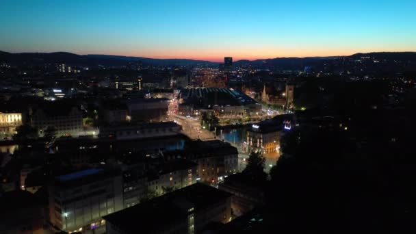 Night Time Footage Illuminated Zurich Cityscape Panorama Switzerland — ストック動画