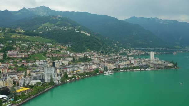 Sunny Day Montreux Lake Side Panorama Footage Швейцария — стоковое видео