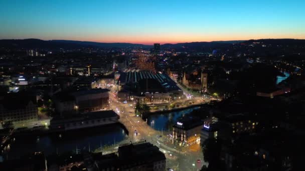 Night Time Footage Illuminated Zurich Cityscape Panorama Switzerland — Stock Video