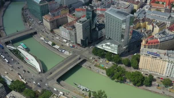 Vienna Rivieroever Dag Tijd Centrale Straten Antenne Panorama Austrië — Stockvideo