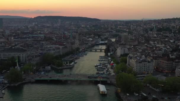 Wieczór Nagranie Panoramy Miasta Nad Rzeką Zurych Szwajcaria — Wideo stockowe