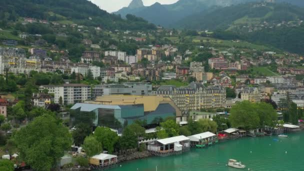 Sunny Day Montreux Lake Side Panorama Footage Швейцария — стоковое видео