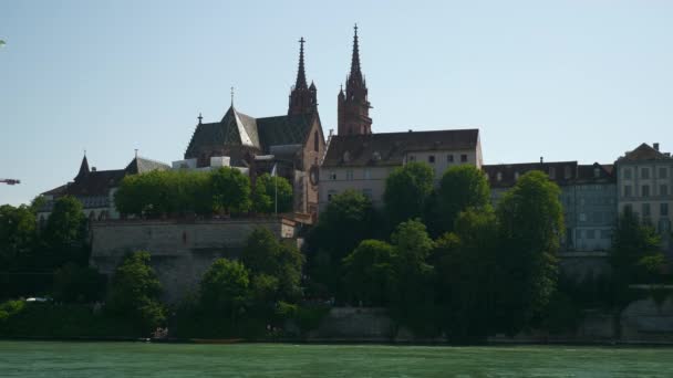 Zwemmen Mensen Zomer Dag Basel Rivier Antenne Panorama Zwitserland — Stockvideo