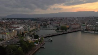 4k Footage of Geneva aerial riverscape panorama, Switzerland  