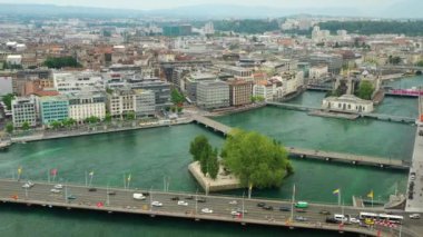 4k Footage of Geneva aerial riverscape panorama, Switzerland  