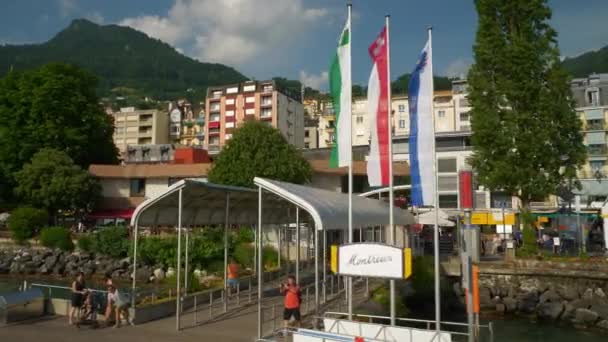 Słoneczny Dzień Montreux Miasto Geneva Jezioro Słynny Prom Wycieczka Panorama — Wideo stockowe