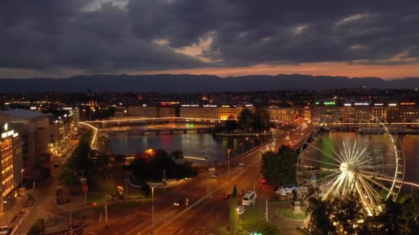 Wieczór Czas Materiał Filmowy Panoramy Miasta Genewa Diabelskim Młynem Szwajcaria — Wideo stockowe