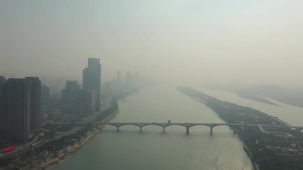 Sonnenuntergang Zeit Changsha Stadt Flussufer Bucht Antennenpanorama China — Stockvideo