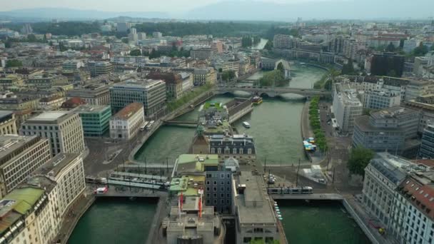 Filmagem Panorama Paisagem Dos Rios Aéreos Genebra Suíça — Vídeo de Stock