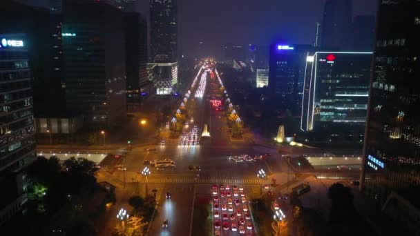 Nacht Beleuchtet Chengdu Stadt Innenstadt Luftverkehr Panorama China — Stockvideo