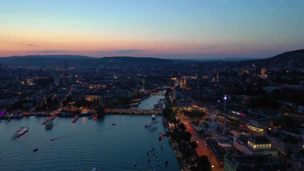 Gece Vakti Zürih Şehir Manzarasını Aydınlattı Hava Manzarası Sviçre — Stok video