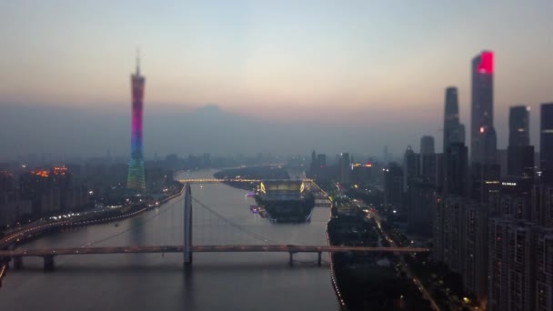 Avondtijd Guangzhou Rivieroever Luchtfoto Panorama Beeldmateriaal Porselein — Stockvideo