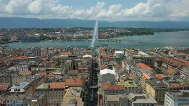 Day Time Footage Geneva Aerial Riverscape Panorama Huge Fountain Switzerland — Stok video