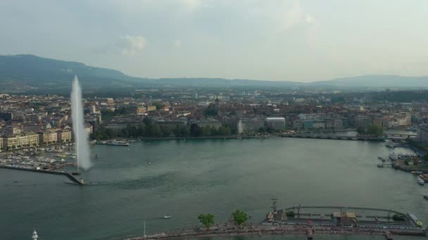 Day Time Footage Geneva Aerial Riverscape Panorama Huge Fountain Switzerland — Stockvideo