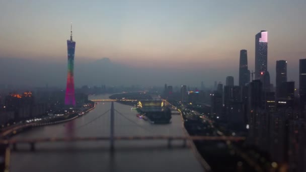 Večerní Čas Guangzhou Riverside Letecké Panorama Video Porcelán — Stock video