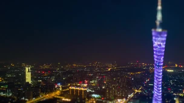 Night Time Illuminated Guangzhou Industrial Cityscape Aerial Panorama Timelapse Footage — Stock Video