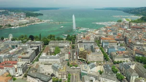 Day Time Footage Geneva Aerial Riverscape Panorama Huge Fountain Switzerland — Stockvideo
