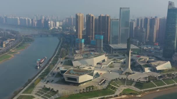 Solnedgång Tid Changsha Stad Flod Bay Antenn Panorama Porslin — Stockvideo