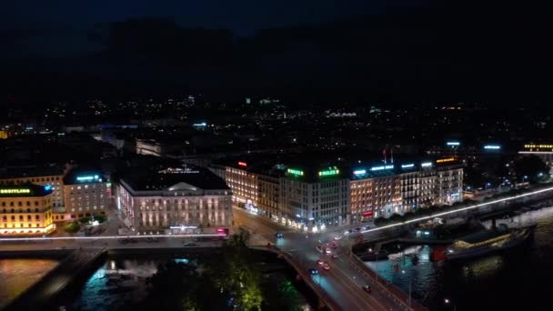 Imágenes Nocturnas Del Panorama Iluminado Del Paisaje Urbano Ginebra Suiza — Vídeos de Stock