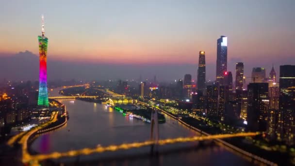 Noche Iluminada Guangzhou Panorama Tráfico Aéreo Timelapse Metraje China — Vídeos de Stock