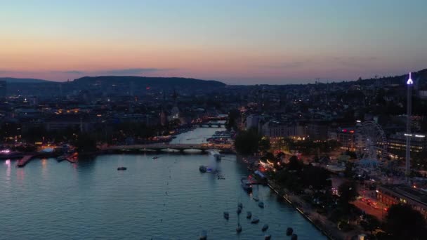 Nachtelijk Verlicht Zürich Stadsgezicht Luchtfoto Zwitserland — Stockvideo
