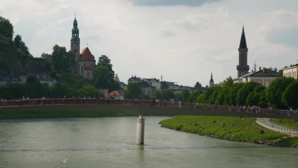 Salzburg Ausztria 2019 Július Nappali Salzburgi Központi Városkép Hegyi Panoráma — Stock videók