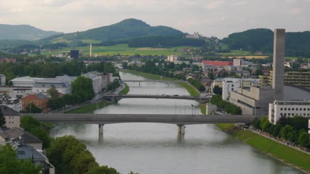 Salzburg Oostenrijk Juli 2019 Dag Salzburg Centrum Stadsgezicht Bergtop Panorama — Stockvideo