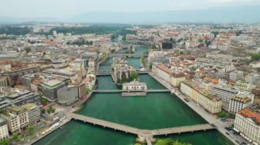 4k Footage of Geneva aerial riverscape panorama, Switzerland  