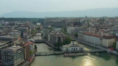 4k Footage of Geneva aerial riverscape panorama, Switzerland  