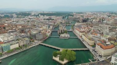 4k Footage of Geneva aerial riverscape panorama, Switzerland  