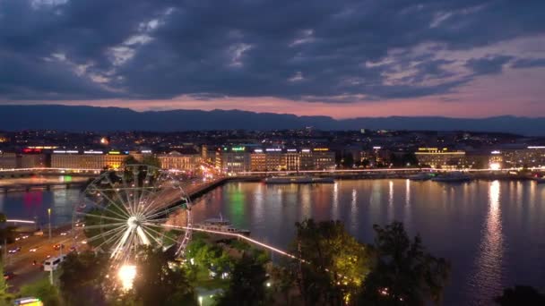 Βράδυ Πλάνα Από Geneva Cityscape Panorama Τροχό Λούνα Παρκ Ελβετία — Αρχείο Βίντεο