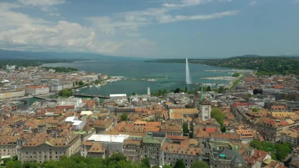 Day Time Footage Geneva Aerial Riverscape Panorama Huge Fountain Switzerland — 图库视频影像
