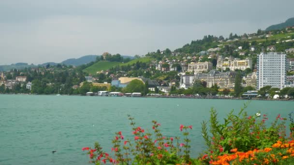 Ελβετία Montreux Circa Νοέμβριος 2019 Montreux Λίμνη Πλευρά Πανόραμα Πλάνα — Αρχείο Βίντεο