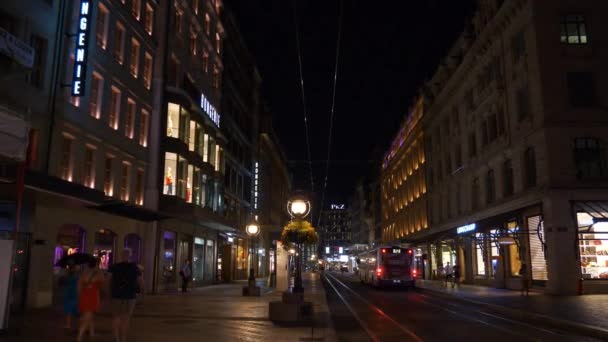 Schweiz Skymning Geneva Stad Natt Trafik Gata Bilder Panorama — Stockvideo