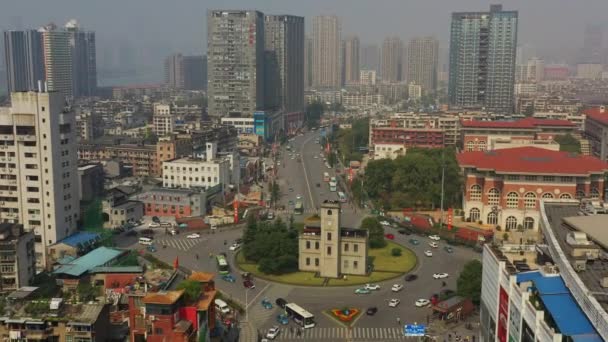 Día Tiempo Changsha Ciudad Centro Tráfico Calle Cruce Antena Panorama — Vídeo de stock