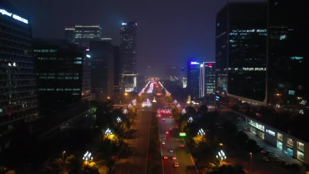 Night Time Illuminated Chengdu City Downtown Aerial Traffic Panorama China — Stock Video