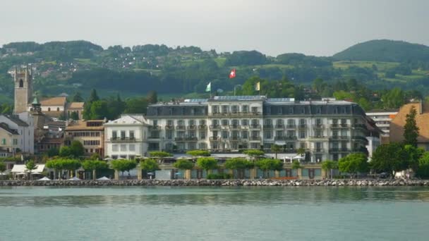 Zonnige Dag Montreux Stad Geneva Meer Beroemde Veerboot Weg Panorama — Stockvideo