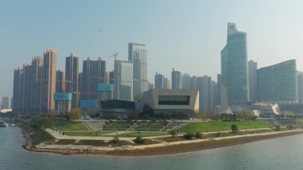 Sonnenuntergang Zeit Changsha Stadt Flussufer Bucht Antennenpanorama China — Stockvideo