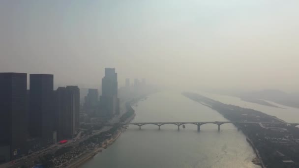 Zachód Słońca Czas Changsha Miasto Riverside Zatoka Antenowa Panorama Chiny — Wideo stockowe