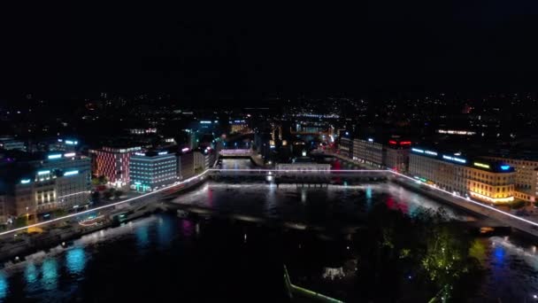 Ночное Время Съемки Освещенной Панорамы Города Женевы Швейцария — стоковое видео