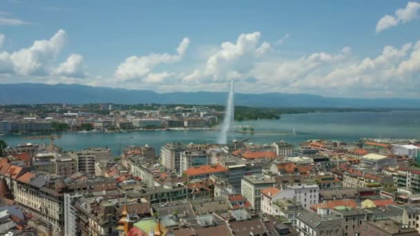 Dag Beeldmateriaal Van Genève Lucht Riverscape Panorama Met Enorme Fontein — Stockvideo