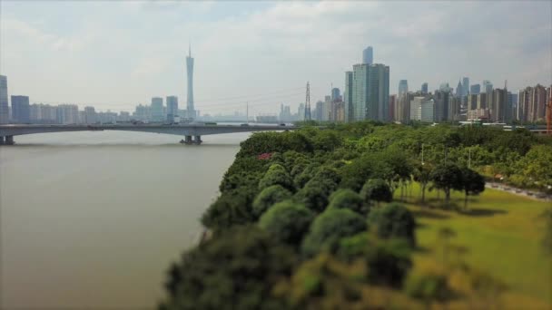 Dzień Czasu Guangzhou Riverside Panorama Powietrzna Materiał Porcelana — Wideo stockowe