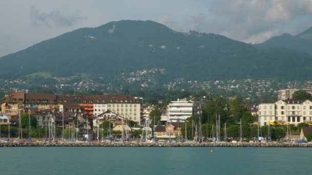 Zonnige Dag Montreux Stad Geneva Meer Beroemde Veerboot Weg Panorama — Stockvideo