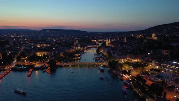 Nattetid Upplyst Zürich Stadsbild Antenn Panorama Schweiz — Stockvideo