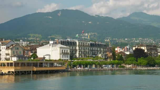 Zonnige Dag Montreux Stad Geneva Meer Beroemde Veerboot Weg Panorama — Stockvideo